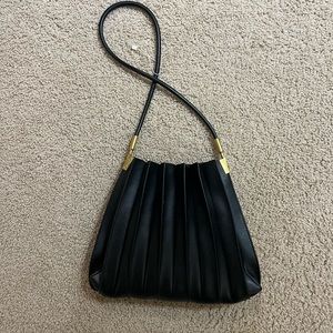 Black pleated vegan leather shoulder bag